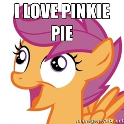 Size: 400x400 | Tagged: safe, pinkie pie, scootaloo, g4, female, lesbian, meme, scootapie, shipping, solo, text