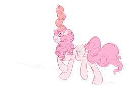 Size: 842x601 | Tagged: safe, artist:noel, pinkie pie, earth pony, pony, g4, apple, balancing, female, pile, solo