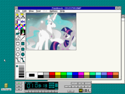 Size: 800x600 | Tagged: safe, princess celestia, twilight sparkle, alicorn, pony, unicorn, g4, magical mystery cure, ascension realm, celestia's ballad, female, limited palette, low res image, mare, microsoft windows, ms paint, paintbrush, princess celestia's special princess making dimension, unicorn twilight, windows 3.1, youtube link