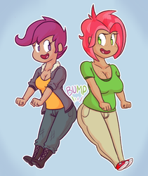Size: 1159x1370 | Tagged: safe, artist:hamflo, babs seed, scootaloo, human, g4, breasts, busty babs seed, butt bump, butt to butt, butt touch, chubby, duo, female, humanized, looking at each other, older, simple background
