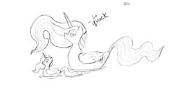 Size: 1916x1038 | Tagged: safe, artist:greyscaleart, princess celestia, princess luna, duck pony, g4, behaving like a bird, monochrome, princess, sketch, swanlestia