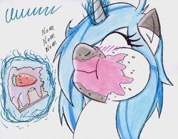 Size: 1011x790 | Tagged: safe, artist:the1king, oc, oc only, pony, unicorn, cheesecake, eating, solo