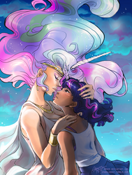 Size: 964x1272 | Tagged: safe, artist:ddhew, princess celestia, twilight sparkle, human, g4, bracelet, breasts, cleavage, earring, female, horn, horned humanization, humanized, imminent kissing, lesbian, necklace, ship:twilestia, shipping, sky, stars, tiara, windswept mane