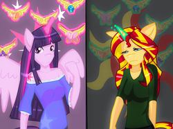 Size: 1464x1092 | Tagged: safe, artist:lovedoc2, sunset shimmer, twilight sparkle, unicorn, anthro, g4, elements of harmony, twilight sparkle (alicorn)