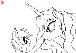 Size: 1400x973 | Tagged: safe, artist:greyscaleart, princess celestia, twilight sparkle, g4, boop, cute, eye contact, filly, fluffy, lidded eyes, messy mane, monochrome, nose wrinkle, partial color, sketch, smiling, student