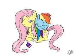 Size: 1024x768 | Tagged: safe, artist:mrfloppemz, fluttershy, rainbow dash, pegasus, pony, g4, duo, eyes closed, ipod, one eye open, sharing headphones