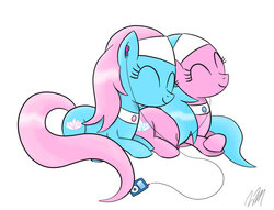 Size: 936x716 | Tagged: safe, artist:mrfloppemz, aloe, lotus blossom, earth pony, pony, g4, cute, ipod, sharing headphones, spa twins