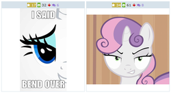 Size: 516x280 | Tagged: safe, rarity, sweetie belle, derpibooru, g4, bend over, exploitable meme, female, image macro, juxtaposition, juxtaposition win, meme, meta