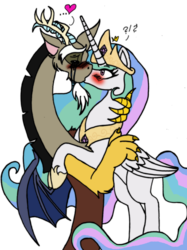 Size: 2243x3005 | Tagged: safe, artist:chibi-n92, discord, princess celestia, alicorn, draconequus, pony, g4, blushing, crying, exclamation point, female, heart, high res, horn, interrobang, kissing, male, mare, passionate, question mark, ship:dislestia, shipping, simple background, straight, surprise kiss, surprised, transparent background, wings