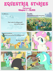 Size: 1800x2409 | Tagged: safe, artist:estories, carrot top, golden harvest, lyra heartstrings, minuette, sunshower raindrops, twinkleshine, oc, oc:alice goldenfeather, earth pony, pegasus, pony, unicorn, comic:find yourself, g4, bag, cloak, clothes, comic, ponyville, saddle bag