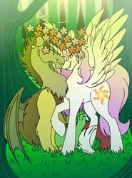 Size: 747x1009 | Tagged: dead source, safe, artist:100yearslater, discord, princess celestia, g4, female, flower, male, ship:dislestia, shipping, straight, younger