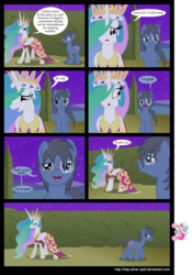 Size: 2000x2853 | Tagged: safe, artist:mlp-silver-quill, pinkie pie, princess celestia, oc, oc:clutterstep, comic:a princess' tears, g4, breaking the fourth wall, comic, fourth wall, high res