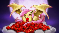 Size: 1600x900 | Tagged: safe, artist:slifertheskydragon, fluttershy, g4, apple, biting, fangs, female, flutterbat, looking at you, moon, race swap, solo