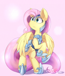 Size: 2125x2500 | Tagged: safe, artist:dshou, fluttershy, pegasus, pony, g4, abstract background, armor, crystal guard armor, cute, female, helmet, high res, long tail, mare, rearing, shyabetes, simple background, solo, spread wings, wavy mouth, wings