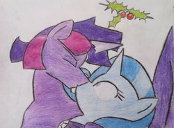 Size: 1024x758 | Tagged: safe, artist:henshidoku, trixie, twilight sparkle, pony, unicorn, g4, duo, dusk shine, female, half r63 shipping, holly, holly mistaken for mistletoe, kiss on the lips, kissing, male, mare, rule 63, ship:trixshine, ship:twixie, shipping, stallion, straight, surprise kiss, traditional art