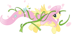 Size: 3000x1432 | Tagged: safe, artist:katequantum, fluttershy, pegasus, pony, g4, female, flower, flying, open mouth, smiling, solo, spread wings, vine