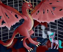 Size: 1303x1077 | Tagged: safe, artist:starshinefox, oc, oc:ayrle, dragon, pony, unicorn, cage, crossover, dark souls 2, flag, guardian dragon, magic, staff