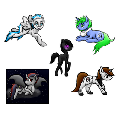 Size: 2209x2077 | Tagged: safe, artist:starshinefox, oc, oc only, oc:dawn wing, oc:deadedge, oc:frost, oc:synth pulse, enderman, enderpony, high res, request, requested art, sketch