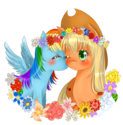 Size: 5343x5425 | Tagged: safe, artist:monicherrie, applejack, rainbow dash, g4, absurd resolution, blushing, cute, eyes closed, female, floral head wreath, flower, kissing, lesbian, ship:appledash, shipping