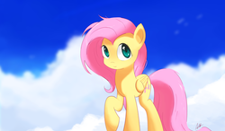 Size: 4404x2564 | Tagged: safe, artist:repoisn, fluttershy, g4, cloud, cloudy, cute, female, looking up, shyabetes, sky, smiling, solo