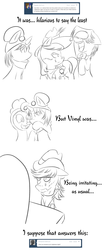 Size: 1600x3860 | Tagged: safe, artist:narbevoguel, frederic horseshoepin, octavia melody, pinkie pie, ask frederic, g4, ask, clothes, costume, monochrome, tumblr
