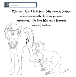 Size: 1507x1535 | Tagged: safe, artist:narbevoguel, frederic horseshoepin, earth pony, pony, wallaby, ask frederic, g4, ask, bowtie, male, monochrome, solo, stallion, tumblr