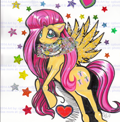 Size: 1550x1580 | Tagged: safe, artist:alaer, fluttershy, g4, clothes, female, heart, scarf, solo, stars, traditional art, watermark