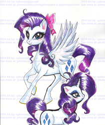 Size: 1550x1834 | Tagged: safe, artist:alaer, rarity, pegasus, pony, unicorn, g4, bow, female, hair bow, mare, pegasus rarity, race swap, solo, traditional art, watermark