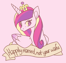 Size: 709x686 | Tagged: safe, artist:fluffpudge, princess cadance, alicorn, pony, g4, adventure in the comments, annoyed, anti-bronybait, drama, female, frown, gif party, looking at you, mouthpiece, old banner, pink background, simple background, solo