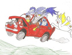 Size: 1024x785 | Tagged: safe, artist:witkacy1994, big macintosh, discord, doctor whooves, prince blueblood, shining armor, soarin', thunderlane, time turner, earth pony, pony, g4, car, fiat 126p, male, stallion, traditional art