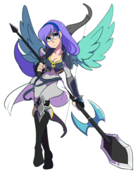 Size: 1280x1640 | Tagged: safe, artist:ssenarrya, oc, oc only, oc:iris, human, pegasus, pony, armadyl, armor, bow (weapon), glasses, humanized, solo, spear, weapon, winged humanization