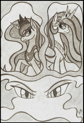 Size: 877x1276 | Tagged: safe, artist:rossmaniteanzu, king sombra, princess celestia, princess luna, fall of the crystal empire, g4, evil eyes, monochrome, traditional art