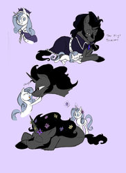 Size: 762x1048 | Tagged: safe, artist:assassin-or-shadow, king sombra, princess platinum, pony, unicorn, g4, boop, cute, daughter, eyes closed, father, female, filly, floppy ears, flower, flower in hair, happy, magic, male, noseboop, on side, open mouth, parent:king sombra, prone, sleeping, smiling, stallion, telekinesis