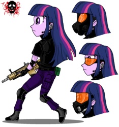 Size: 1323x1414 | Tagged: safe, artist:emichaca, twilight sparkle, equestria girls, g4, boots, call of duty, female, gas mask, gun, headset, hmd, humanized, mask, military, solo