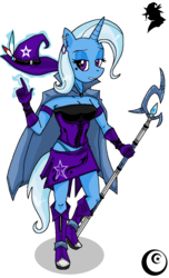 Size: 914x1503 | Tagged: safe, artist:emichaca, trixie, anthro, g4, boots, cloak, clothes, earring, female, gloves, solo, staff