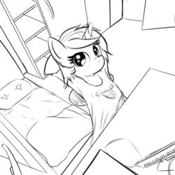 Size: 800x800 | Tagged: safe, artist:cheshiresdesires, lyra heartstrings, pony, unicorn, g4, bed, black and white, clothes, computer, female, grayscale, monochrome, room, sitting, sketch, solo, t-shirt