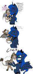 Size: 865x1952 | Tagged: safe, artist:an everfree rat, cheerilee, princess luna, oc, oc:marble patches, g4, bald, crack, headbutt, pain, struggling