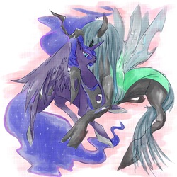 Size: 1200x1200 | Tagged: dead source, safe, artist:stingley, princess luna, queen chrysalis, alicorn, changeling, changeling queen, pony, g4, chrysaluna, female, lesbian, shipping