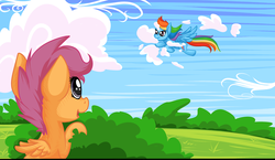 Size: 2000x1160 | Tagged: safe, artist:chiweee, rainbow dash, scootaloo, g4, cloud, cloud busting, flying, observer