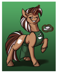 Size: 700x906 | Tagged: safe, artist:foxenawolf, oc, oc only, oc:frothy brew, pony, unicorn, fanfic:conversations in a canterlot café, apron, bedroom eyes, clothes, coffee, fanfic art, fluffy, gradient background, grin, looking at you, magic, raised hoof, smiling, solo, teacup, telekinesis, unshorn fetlocks