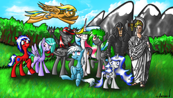 Size: 1920x1080 | Tagged: safe, artist:crestfallencelestia, flitter, princess celestia, oc, oc:anima, oc:emperor botz, oc:fireruby, oc:onyx firedraft, oc:spirit glider, oc:vac, oc:wester, alicorn, cat, human, pony, g4, alicorn oc