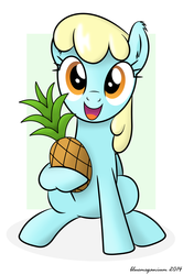 Size: 833x1251 | Tagged: safe, artist:bluemeganium, sassaflash, pegasus, pony, g4, trade ya!, dexterous hooves, ear fluff, female, food, happy, looking at you, mare, open mouth, pineapple, shadow, sitting, solo, that pony sure does love pineapples
