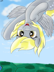 Size: 1200x1600 | Tagged: safe, artist:irregular-entity, derpy hooves, pegasus, pony, g4, cloud, cloudy, female, flying, mare, solo, upside down