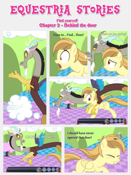 Size: 1800x2409 | Tagged: safe, artist:estories, discord, oc, oc:alice goldenfeather, draconequus, pegasus, pony, comic:find yourself, g4, comic, treadmill