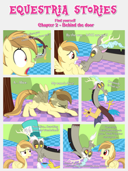 Size: 1800x2409 | Tagged: safe, artist:estories, discord, oc, oc:alice goldenfeather, draconequus, pegasus, pony, comic:find yourself, g4, comic, mad hatter