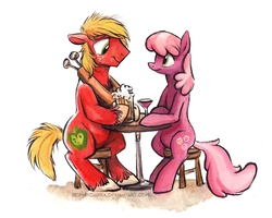 Size: 793x635 | Tagged: safe, artist:kenket, artist:spainfischer, big macintosh, cheerilee, earth pony, pony, g4, drink, male, ship:cheerimac, shipping, stallion, straight, table