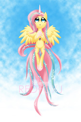 Size: 600x900 | Tagged: safe, artist:redfoxjake, fluttershy, g4, testing testing 1-2-3, fake horn, female, flying, shylestia, solo