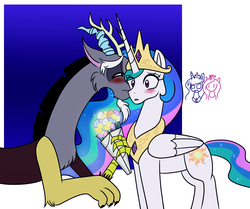 Size: 2262x1892 | Tagged: safe, artist:chibi-n92, discord, princess cadance, princess celestia, princess luna, alicorn, draconequus, pony, g4, :o, angry, bedroom eyes, blushing, bouquet, cheek kiss, cute, cutelestia, discute, duo focus, female, flower, kiss on the lips, kissing, lidded eyes, male, mare, observer, open mouth, ship:dislestia, shipping, smiling, straight, surprise kiss, surprised, wide eyes