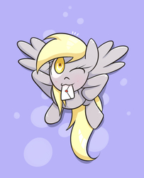 Size: 1300x1600 | Tagged: safe, artist:joycall6, derpy hooves, pegasus, pony, g4, female, letter, mare, mouth hold, solo, wink
