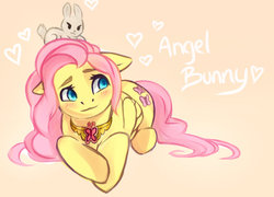 Size: 1024x737 | Tagged: safe, artist:naminzo, angel bunny, fluttershy, g4, blushing, element of kindness, elements of harmony, lying, necklace, simple background